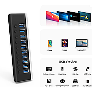USB хаб RSHTECH RSH-A10 USB 3.0 10 портів з блоком живлення hub концентратор, фото 2