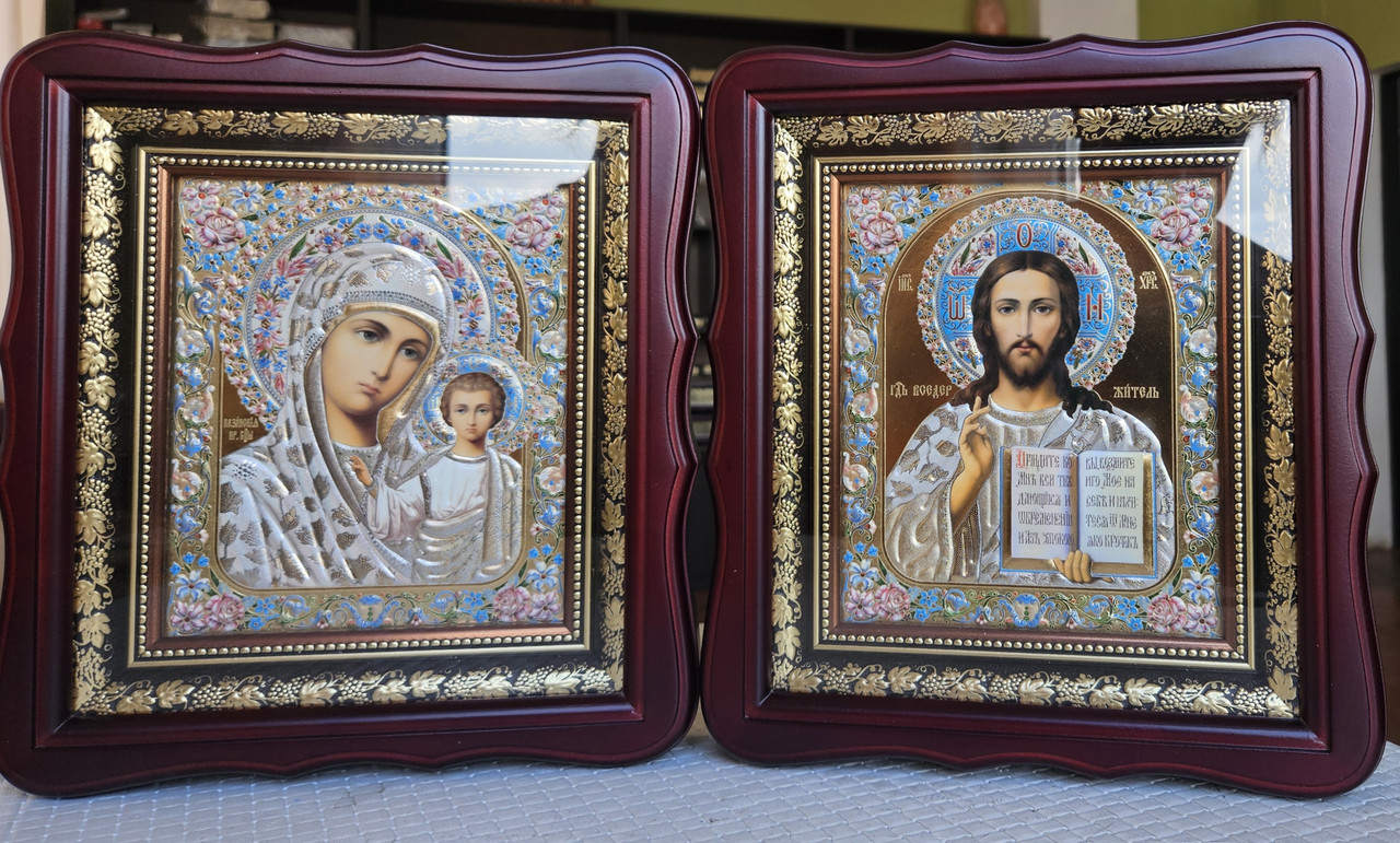 Иконы Венчальные для дома в темном фигурном деревянном киоте под стеклом26*23, сюжет с цветами #1, 15*18 - фото 1 - id-p2651306463