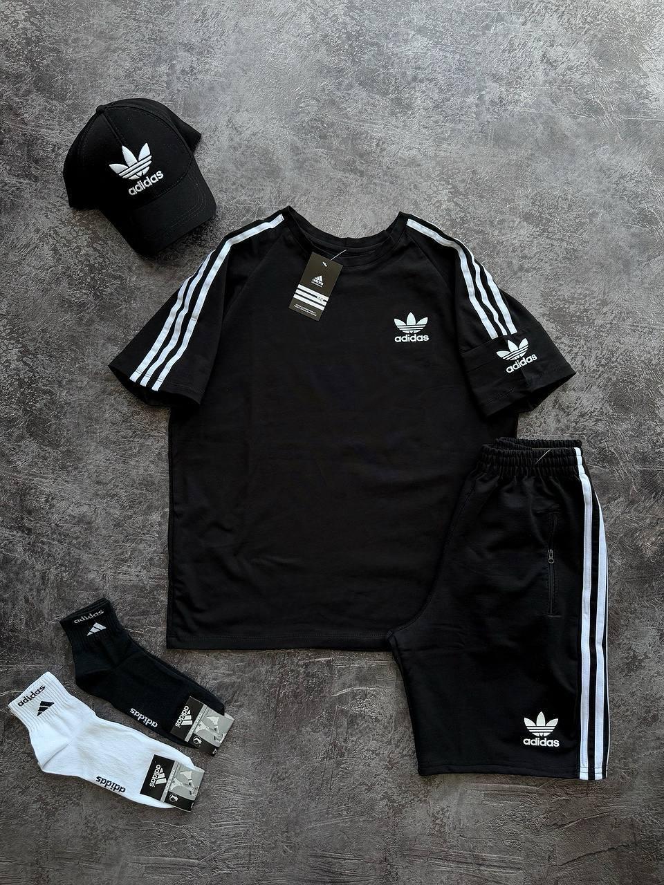 Літній чоловічий спортивний костюм футболка шорти кепка Adidas чорний бавовна повсякденний костюм Адідас