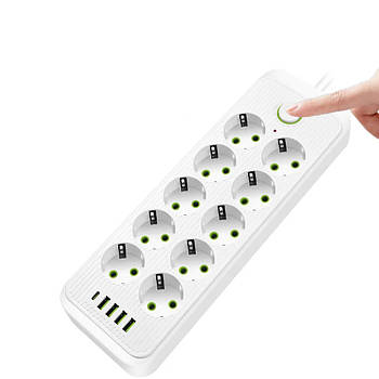 Подовжувач електричний 5м, 10×220В+4×USB+1×Type-C, Тк-15, Білий / Подовжувач з вимикачем / Мережевий фільтр