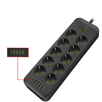 Подовжувач електричний 5м, 10×220В+4×USB+1×Type-C, Тк-16, Чорний/ Подовжувач з вимикачем / Мережевий фільтр