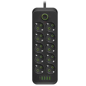 Мережевий фільтр 3м (10×220В+4×USB+1×Type-C) Тк-14, Чорний / Подовжувач з вимикачем / Фільтр-подовжувач