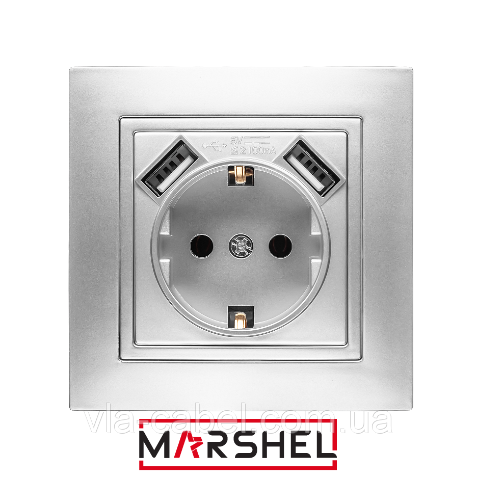 Розетка одномісна з заземленням та двома USB портами серія "ELEGANT SILVER" ТМ"MARSHEL", фото 1