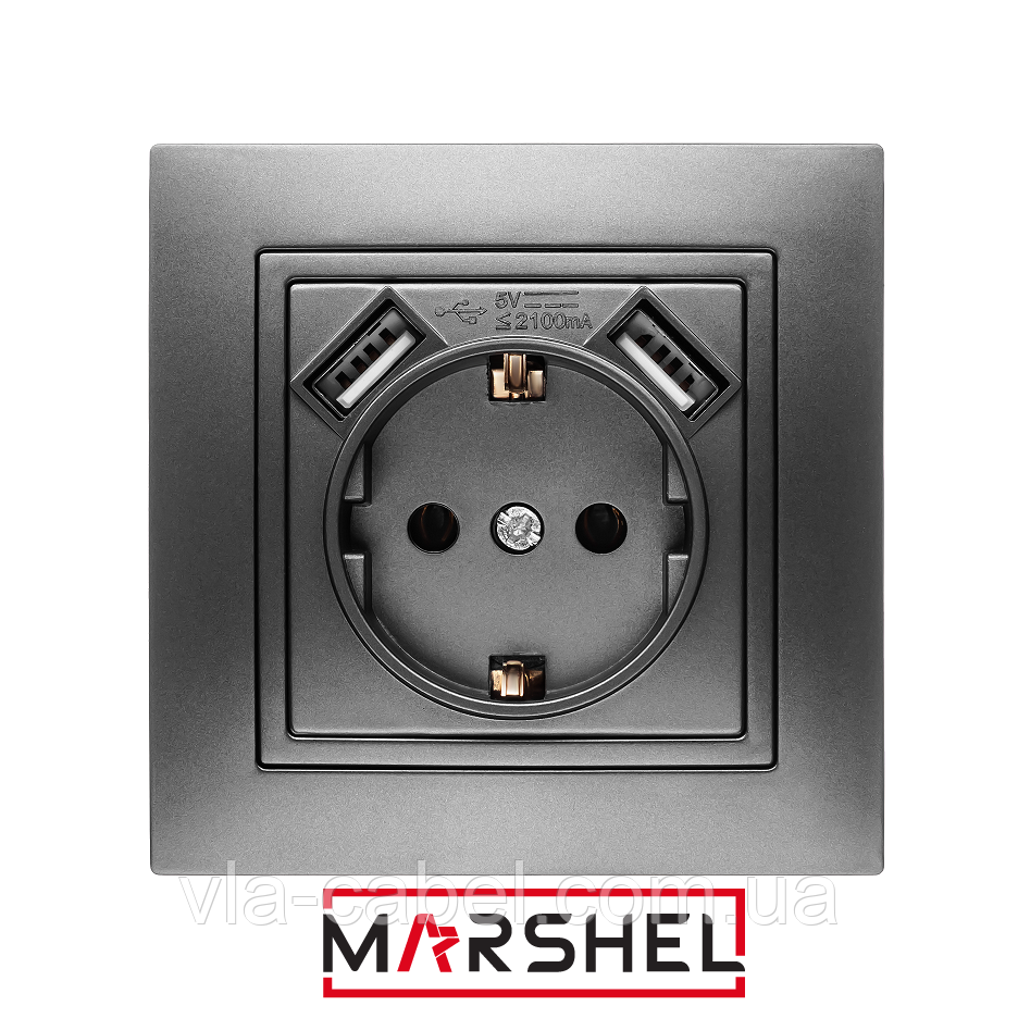 Розетка одномісна з заземленням та двома USB портами серія "ELEGANT GRAFFITE" ТМ"MARSHEL", фото 1