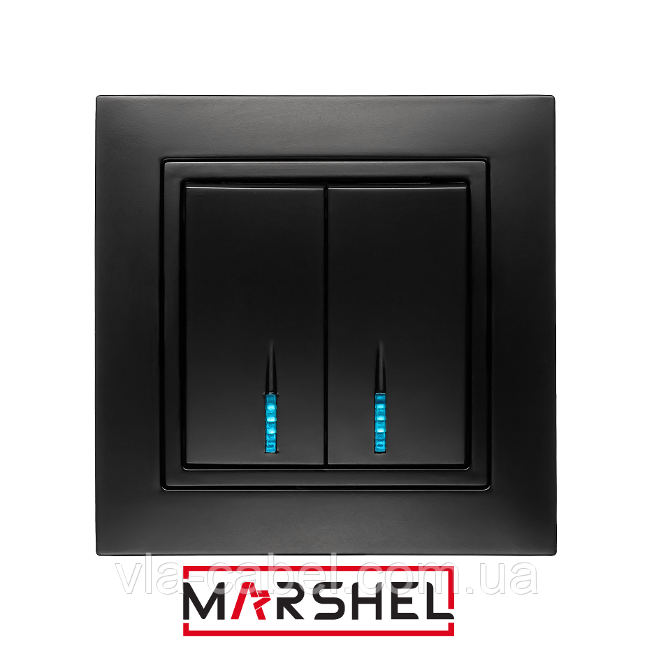 Вимикач двоклавішний з LED підсвічуванням серія "ELEGANT BLACK" ТМ"MARSHEL", фото 1