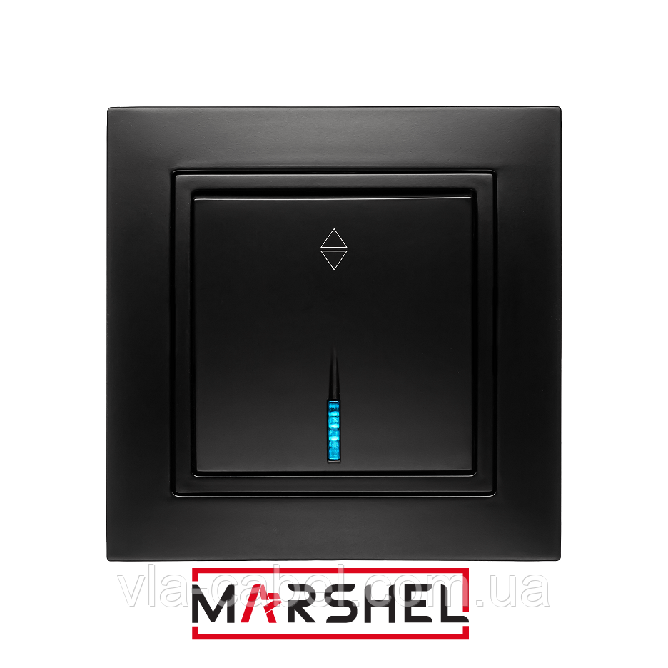 Вимикач одноклавішний з LED підсвічуванням прохідний серія "ELEGANT BLACK" ТМ"MARSHEL", фото 1