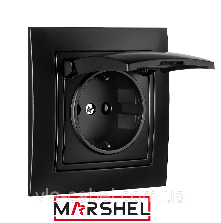 Розетка одномісна з заземленням бризгозахищена серія "ELEGANT BLACK" ТМ"MARSHEL", фото 1