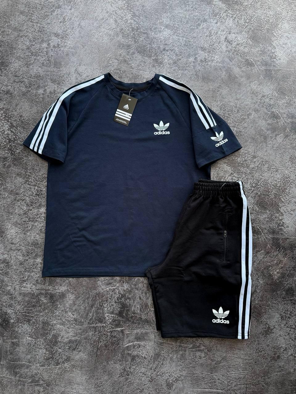 Чоловічий літній костюм футболка шорти Adidas Blue комплект Адідас синій 95% котон 5% лайкра лампаси літо
