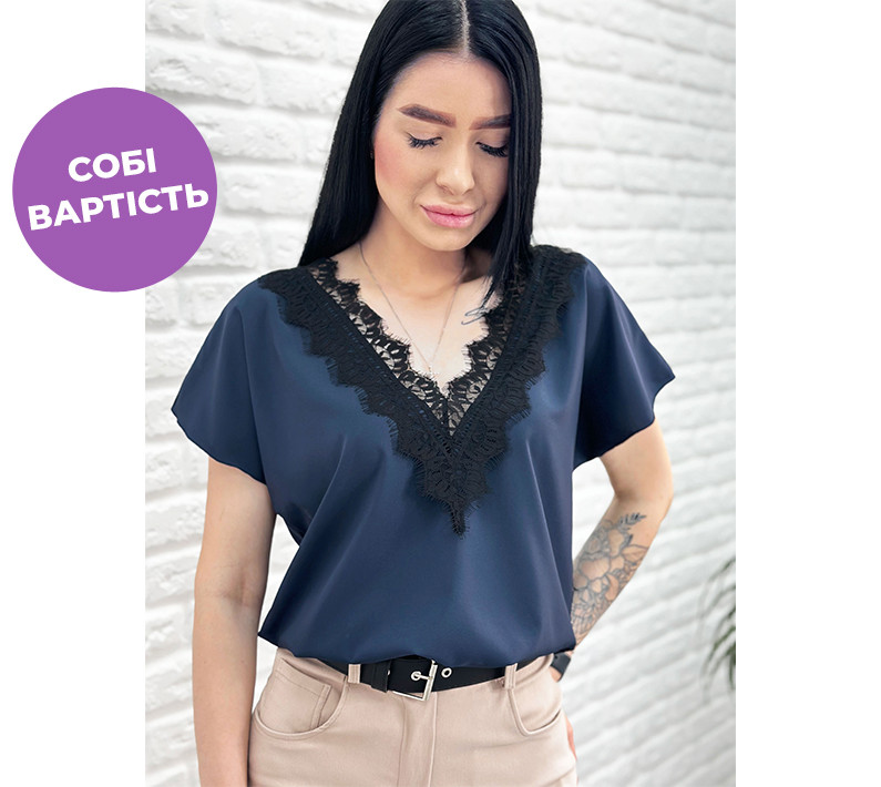 Жіноча блузка з вирізом та мереживом "Brenda" оптом | Батал| Розпродаж моделі, фото 1