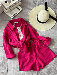 Жіночий літній легкий муслиновий костюм прогулянковий двійка сорочка на гудзиках шорти бавовна натуральна