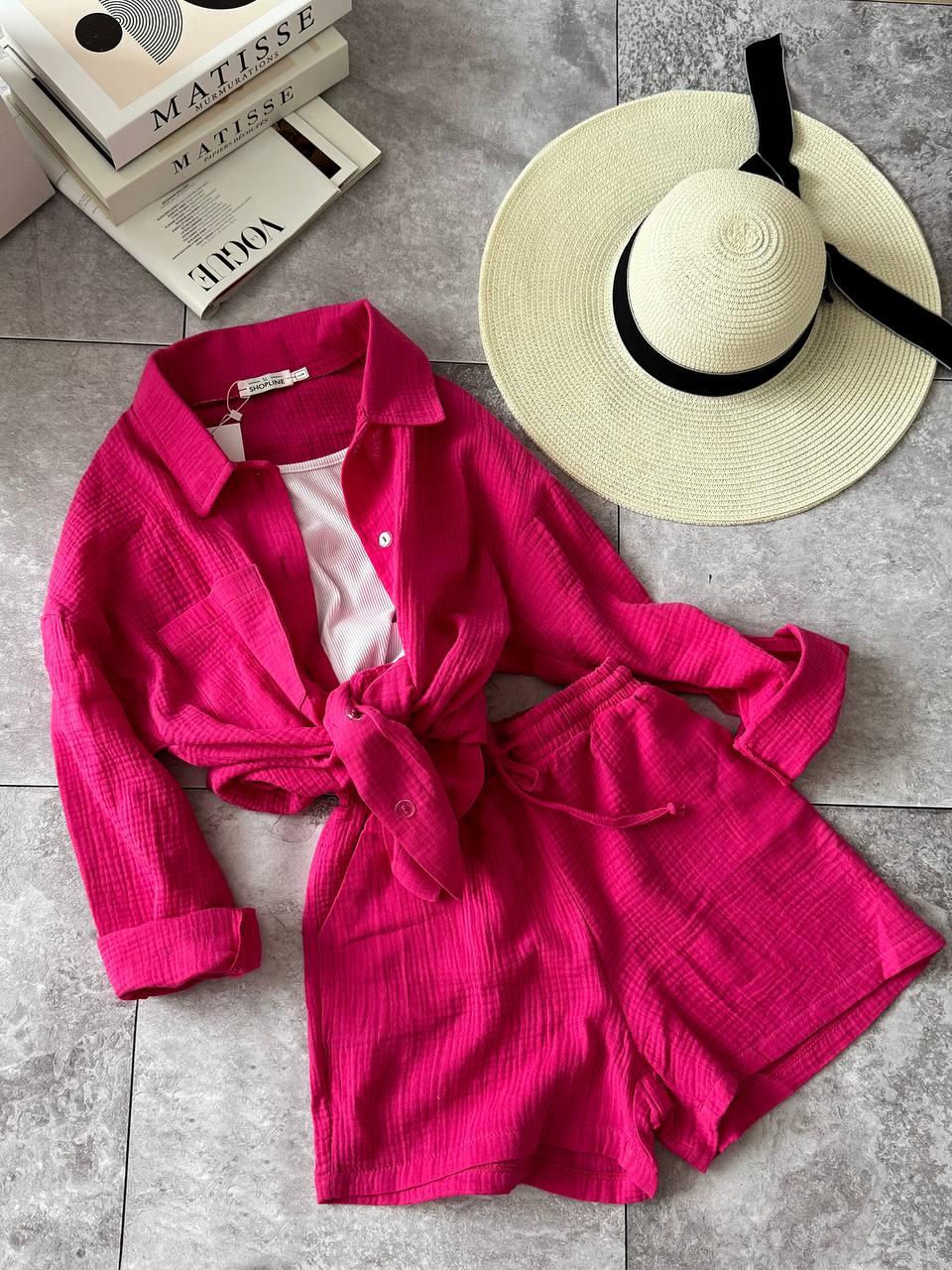 Жіночий літній легкий муслиновий костюм прогулянковий двійка сорочка на гудзиках шорти бавовна натуральна, фото 1