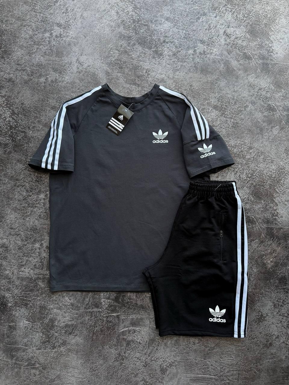 Чоловічий літній костюм футболка шорти Adidas Graphite комплект Адідас сірий 95% котон 5% лайкра лампаси літо