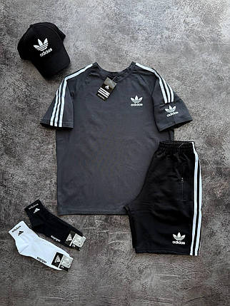 Літній чоловічий спортивний костюм футболка шорти кепка Adidas Grey бавовна лайкра повсякденний сірий костюм Адідас, фото 2