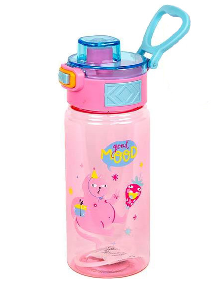 Пляшка для води пластик 600 мл, кришка з кнопкою відкриття, ручка для перенесення, рожева