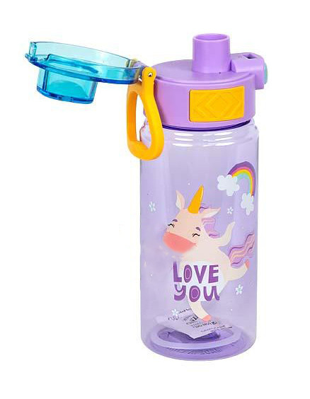 Пляшка для води пластик 600 мл, кришка з кнопкою відкриття, ручка для перенесення, фіолетова