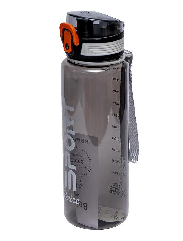 Пляшка для води спортивна пластик 650 мл, кришка з кнопкою відкриття, ремінець для перенесення, чорна