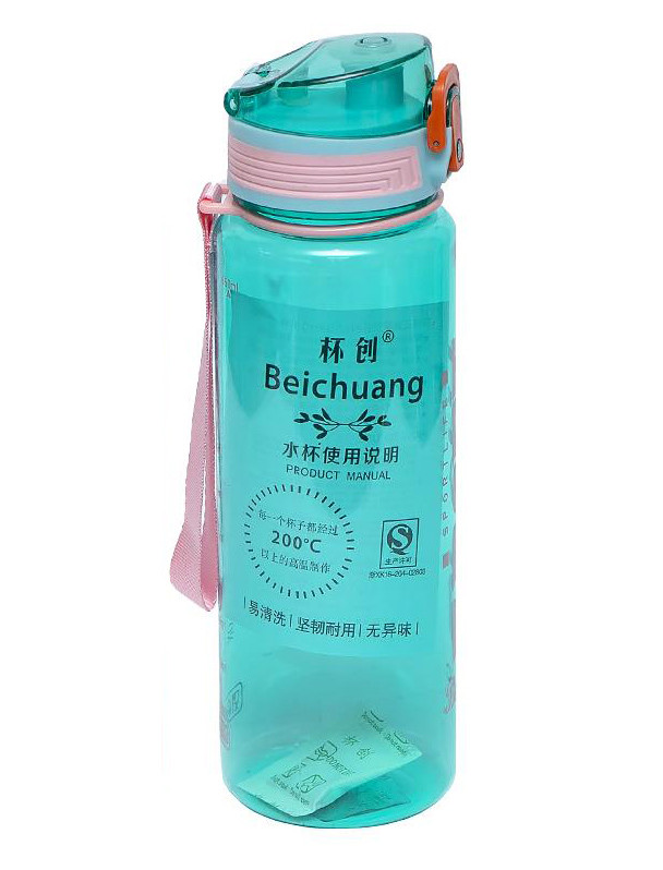 Пляшка для води спортивна пластик 650 мл, кришка з кнопкою відкриття, ремінець для перенесення, бірюзова