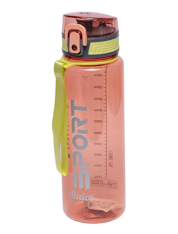 Пляшка для води спортивна пластик 650 мл, кришка з кнопкою відкриття, ремінець для перенесення, помаранчева
