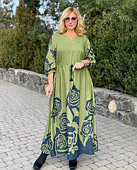 Жіноча довга сукня трапеція з натуральної тканини і рукавами три чверті (з L по 3XL)