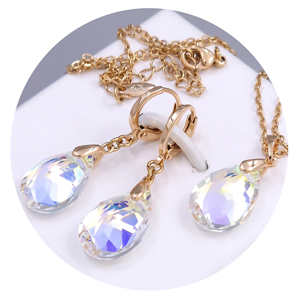 Набір ХР. Сережки та кулон на ланцюжку зі Swarovski бензинового кольору. Позолота 18К Ланцюжок: 40-45см Сережки: 35мм