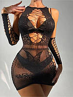 Женское сексуальное платье с перчатками для особого вечера, Откровенный комплект 2в1, Мини-платье ажурное