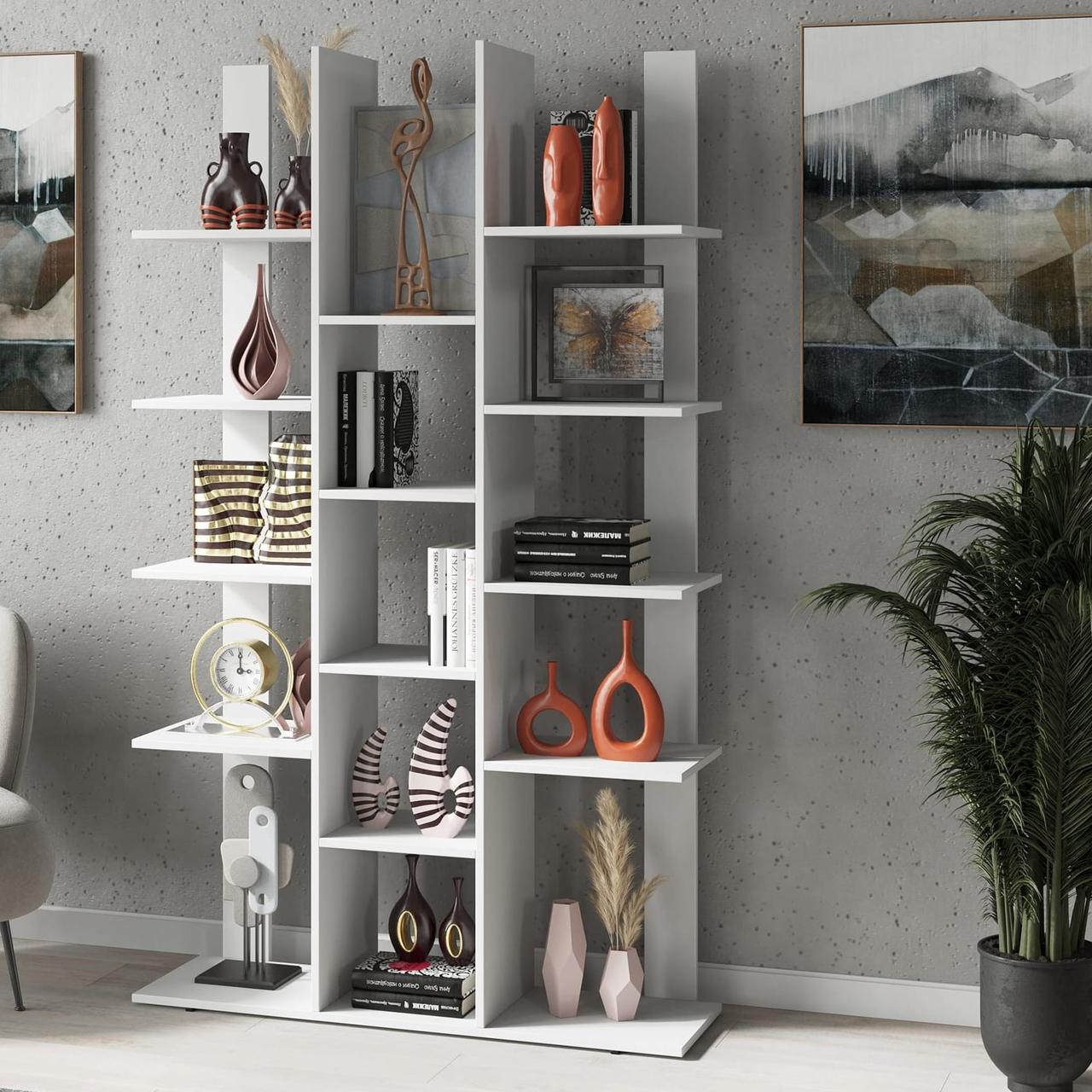 Книжковий стелаж для зонування кімнати з ДСП Містка полиця для книг і квітів на 15 відділень, фото 1