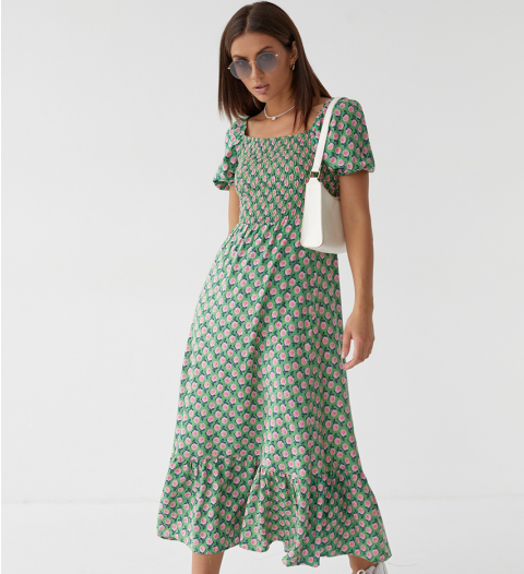Легка літня жіноча сукня міді в квіточку з коротким рукавом зелена довга сукня з воланом, фото 1