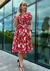 Яскрава молодіжна літня сукня червоного кольору із софтової тканини. Принт-квіти. Розміри з 44 до 64