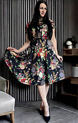 Святкова молодіжна літня сукня чорного кольору із софтової тканини. Принт-квіти. Розміри з 44 до 64