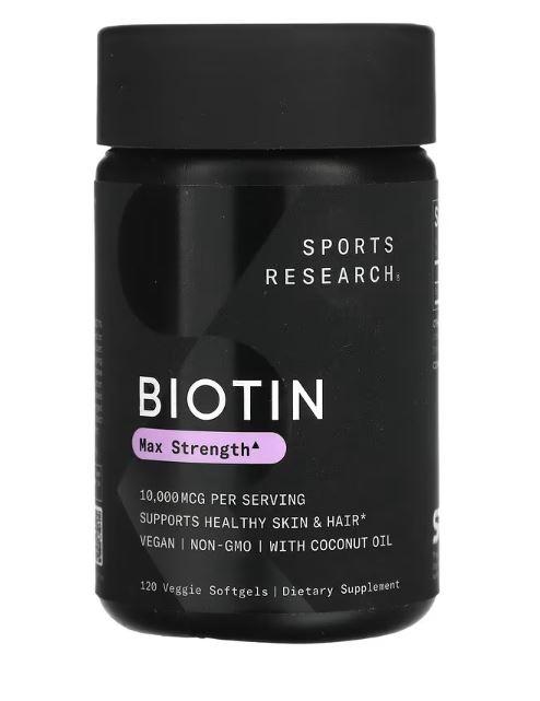 Біотин, максимальна сила, Sports Research, 10 000 мкг, 120 вегетаріанських капсул