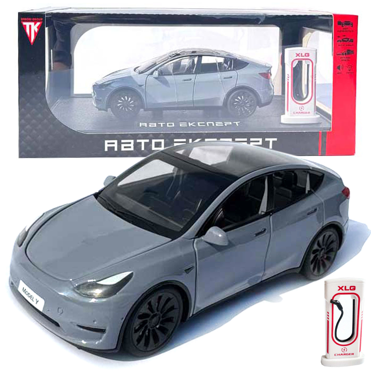 Машинка метал Tesla model Y електрокар сіра Тесла 1:24 відкр двері баг капот звук світло 19*6,5*8,5см (EL 70333), фото 1
