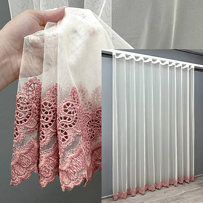 Тюль "Грек-сітка" з вишивкою. Колір молочний з рожевим. Код 1698т