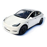 Машинка металева Tesla Model Y Електромобіль Тесла Модель Y біла 1:24 зарядна станція звук світло відч двері капот багажник гум, фото 2