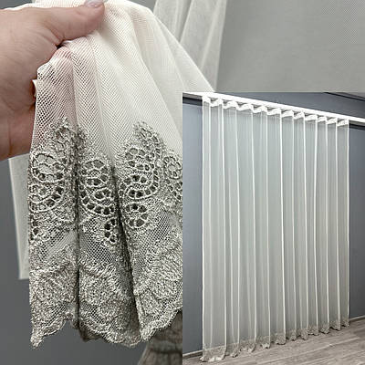 Тюль "Грек-сітка" з вишивкою. Колір молочний з сірим. Код 1697т