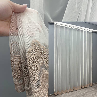 Готова тюль (3х2,7м.) "Грек-сітка" з вишивкою. Колір молочний з пудровим. Код 1699т 42-0733