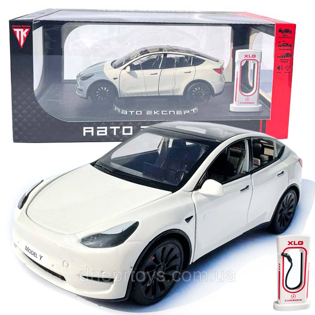Машинка металева Tesla Model Y Тесла Модель Y біла 1:24 зарядна станція звук світло відч двері капот багажник гум колеса, фото 1