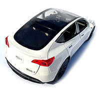 Машинка металева Tesla Model Y Тесла Модель Y біла 1:24 зарядна станція звук світло відч двері капот багажник гум колеса, фото 4