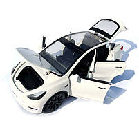 Машинка металева Tesla Model Y Тесла Модель Y біла 1:24 зарядна станція звук світло відч двері капот багажник гум колеса, фото 5