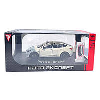 Машинка металева Tesla Model Y Тесла Модель Y біла 1:24 зарядна станція звук світло відч двері капот багажник гум колеса, фото 8