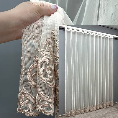 Готова тюль (3х2,7м.) "Грек-сітка" з вишивкою і люрексом. Колір молочний з пудровим. Код 1695т 42-0736