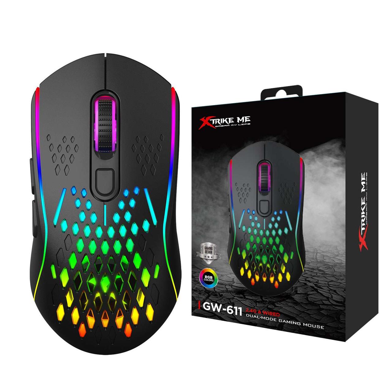 Ігрова бездротова мишка Xtrike ME GW-611 Геймерська мишка, RGB підсвітка, Type-C, чорна