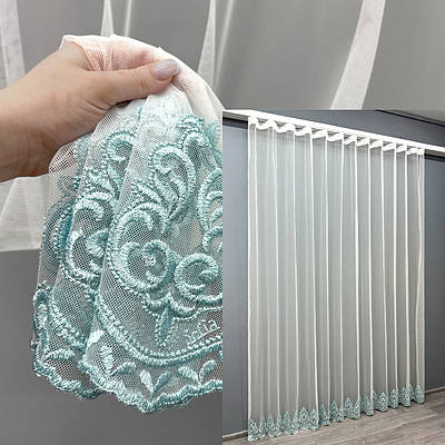 Готова тюль (3х2,7м.) "Грек-сітка" з вишивкою і люрексом. Колір молочний з бірюзовим. Код 1696т 42-0737