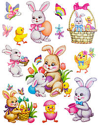 Лист з декоративними пасхальними наклейками на вікно, зайці, 30x42 см, ПВХ, папір (070281)
