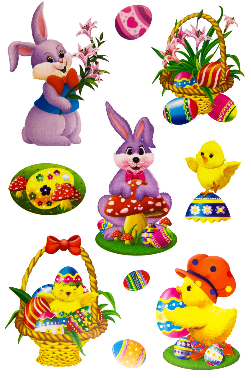 Лист з декоративними пасхальними наліпками на вікно, зайці та качки, 20x30 см, ПВХ, папір (070298-2), фото 1