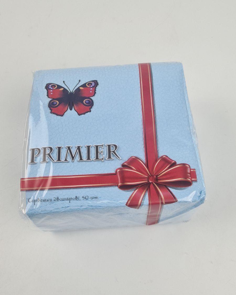Одноразова Cалфетка 50лист Прем'єр 2-вух шарні Блакитна 33х33 (10 пачка), фото 1