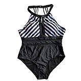 Купальник жіночий 54 суцільний злитий чорний зі смугастим верхом великий розмір, фото 6