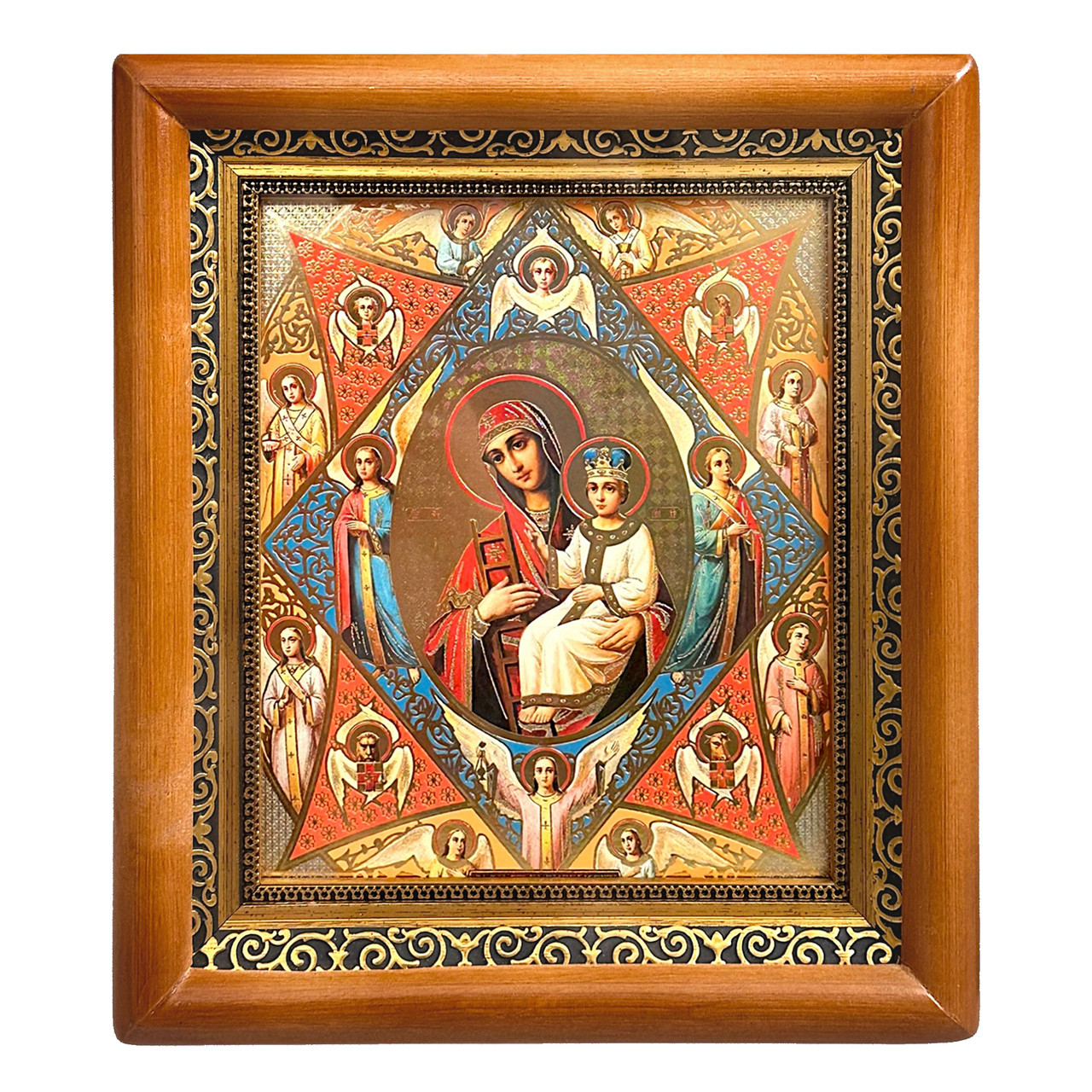 Ікона Неопалима Купина Пресвята Богородиця, лик 15х18 см, у коричневому прямому дерев'яному кіоті, фото 1