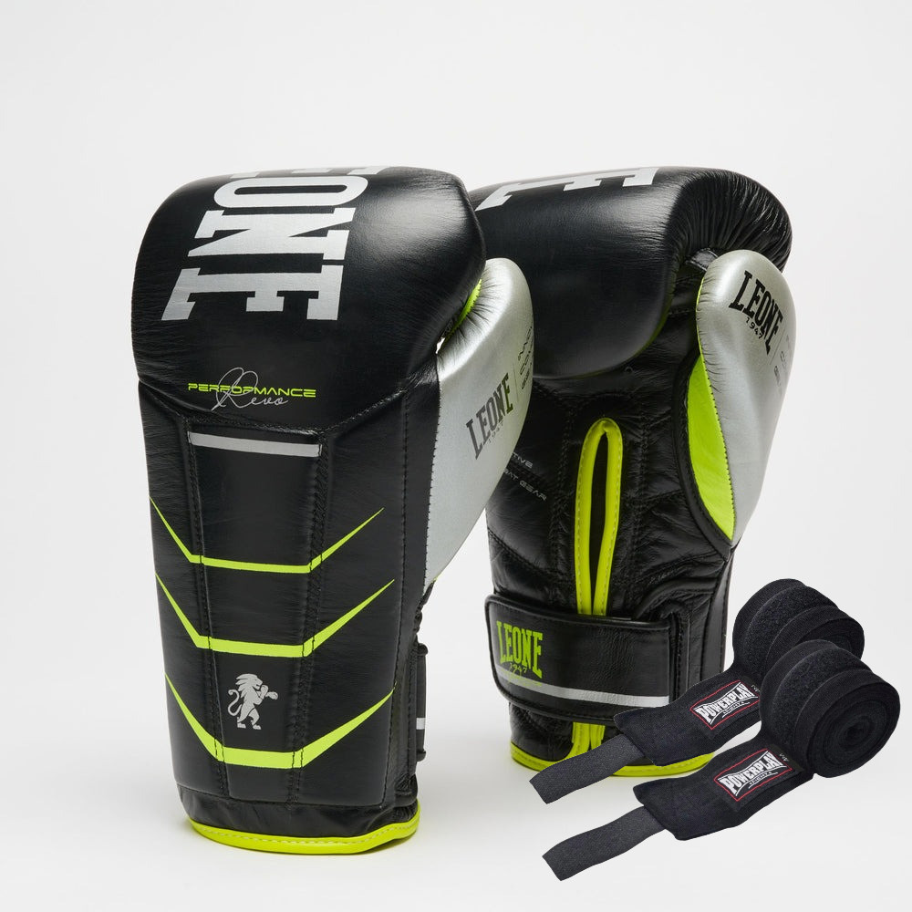 Боксерські рукавиці Leone GN110F REVO FLUO Black 12 унцій (бинти 4 м. в комплекті), фото 1