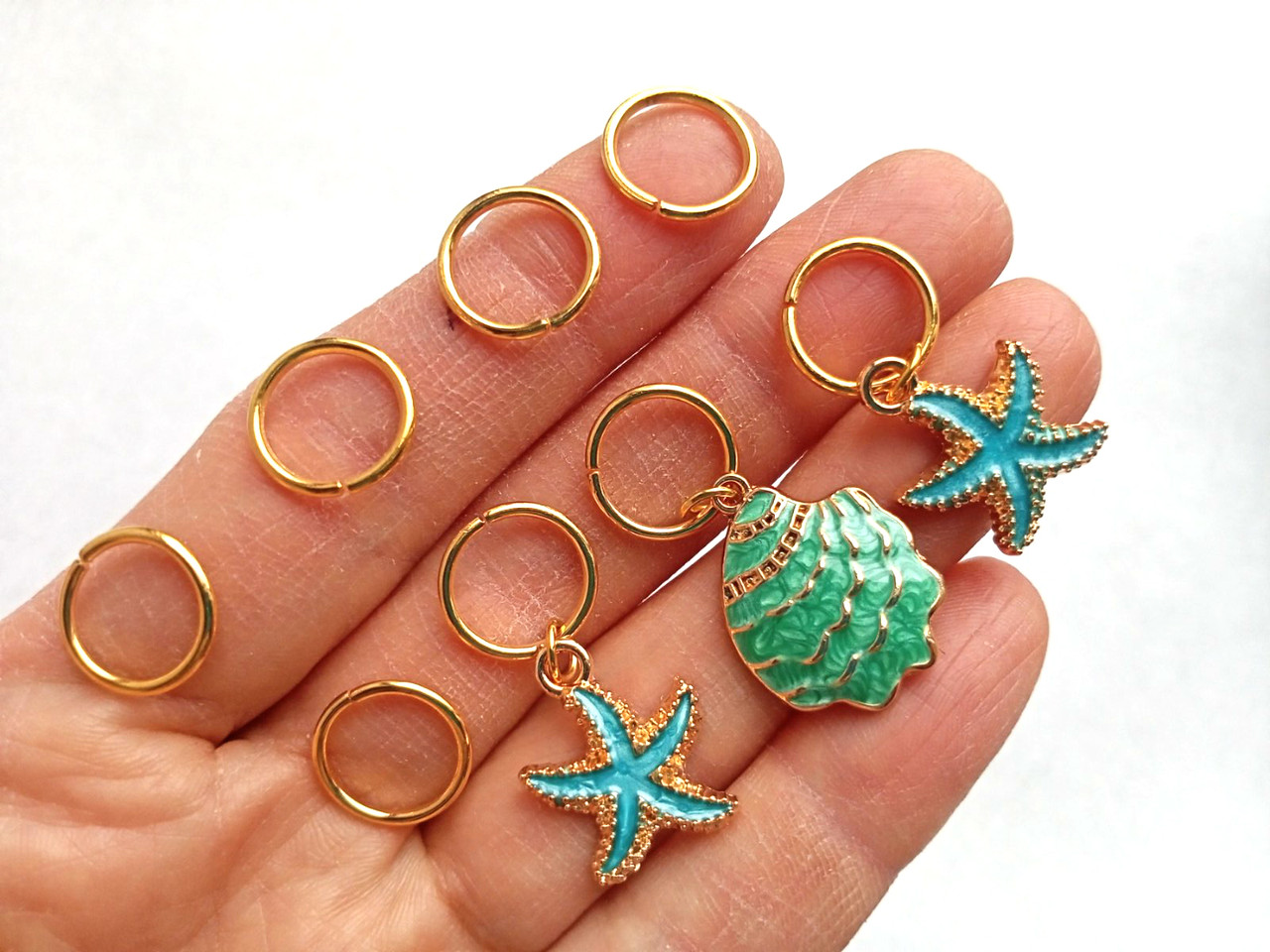 Зелена мушля та блакитні морські зірки — пірсинг для волосся #608, набір золото, набір (8 шт.), фото 1