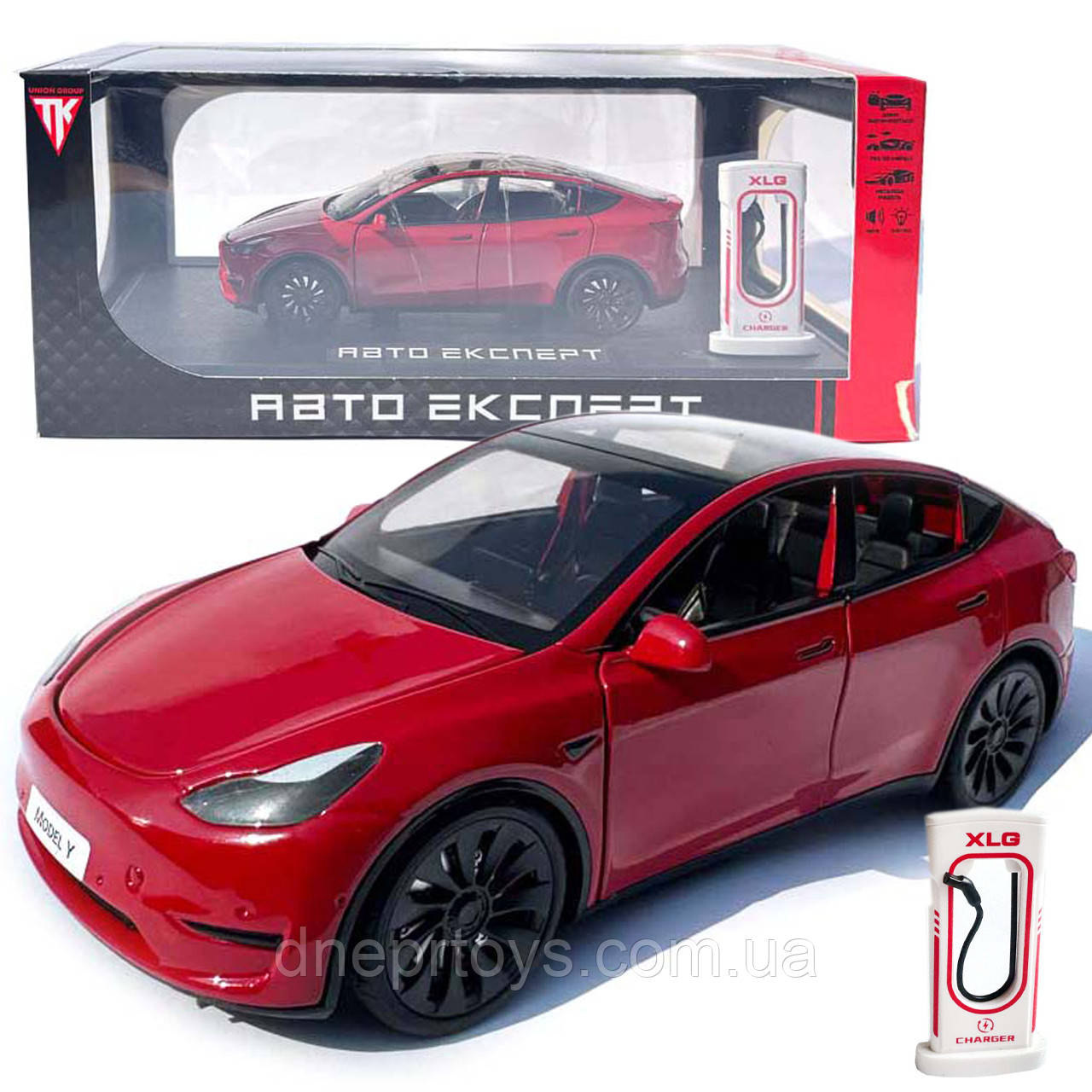 Машинка метал Tesla model Y електрокар червона Тесла 1:24 відкр двері баг капот звук світло 19*6,5*8,5см (EL 70333), фото 1